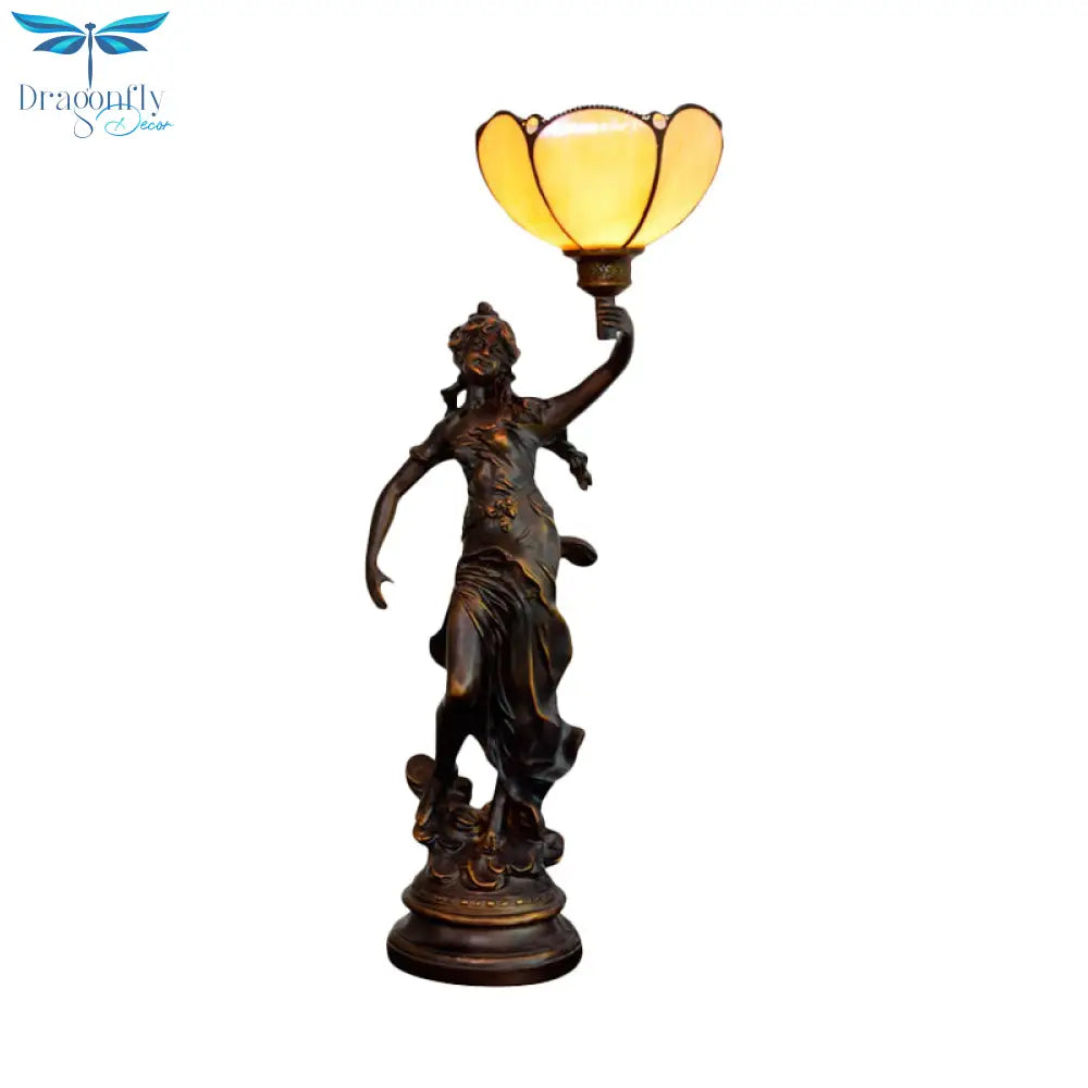 Emily - Tiffany Yellow/White - Brown Glass Table Lamp With Greek Woman Statue