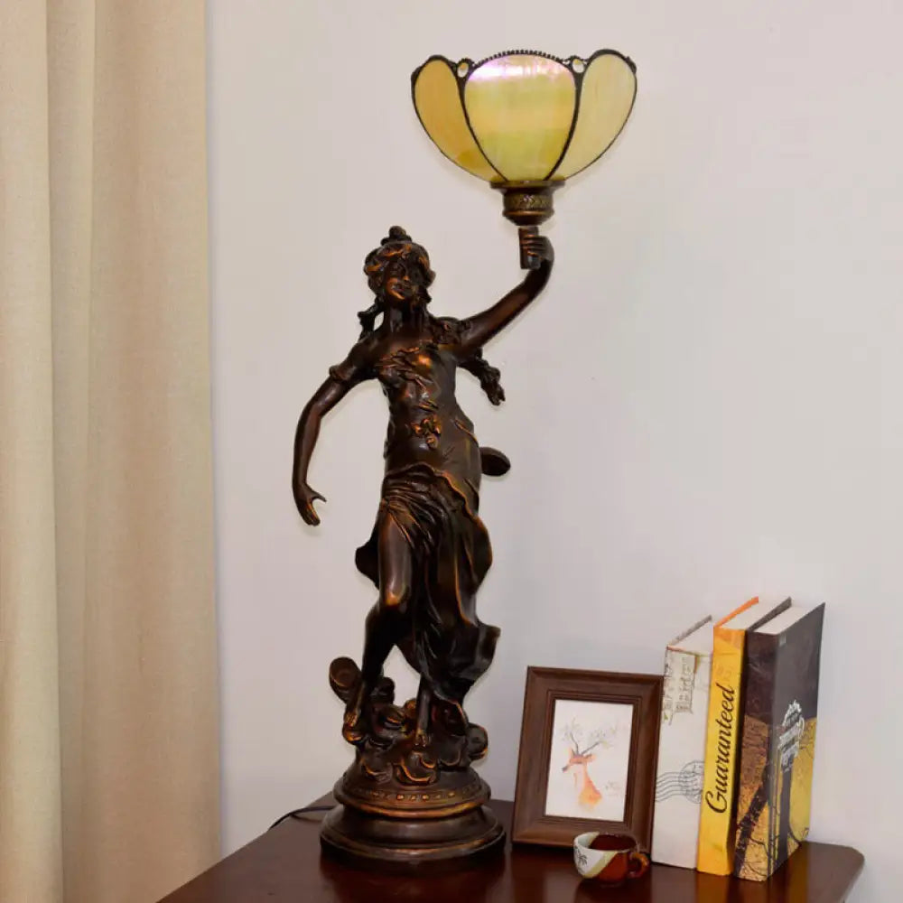 Emily - Tiffany Yellow/White - Brown Glass Table Lamp With Greek Woman Statue Yellow