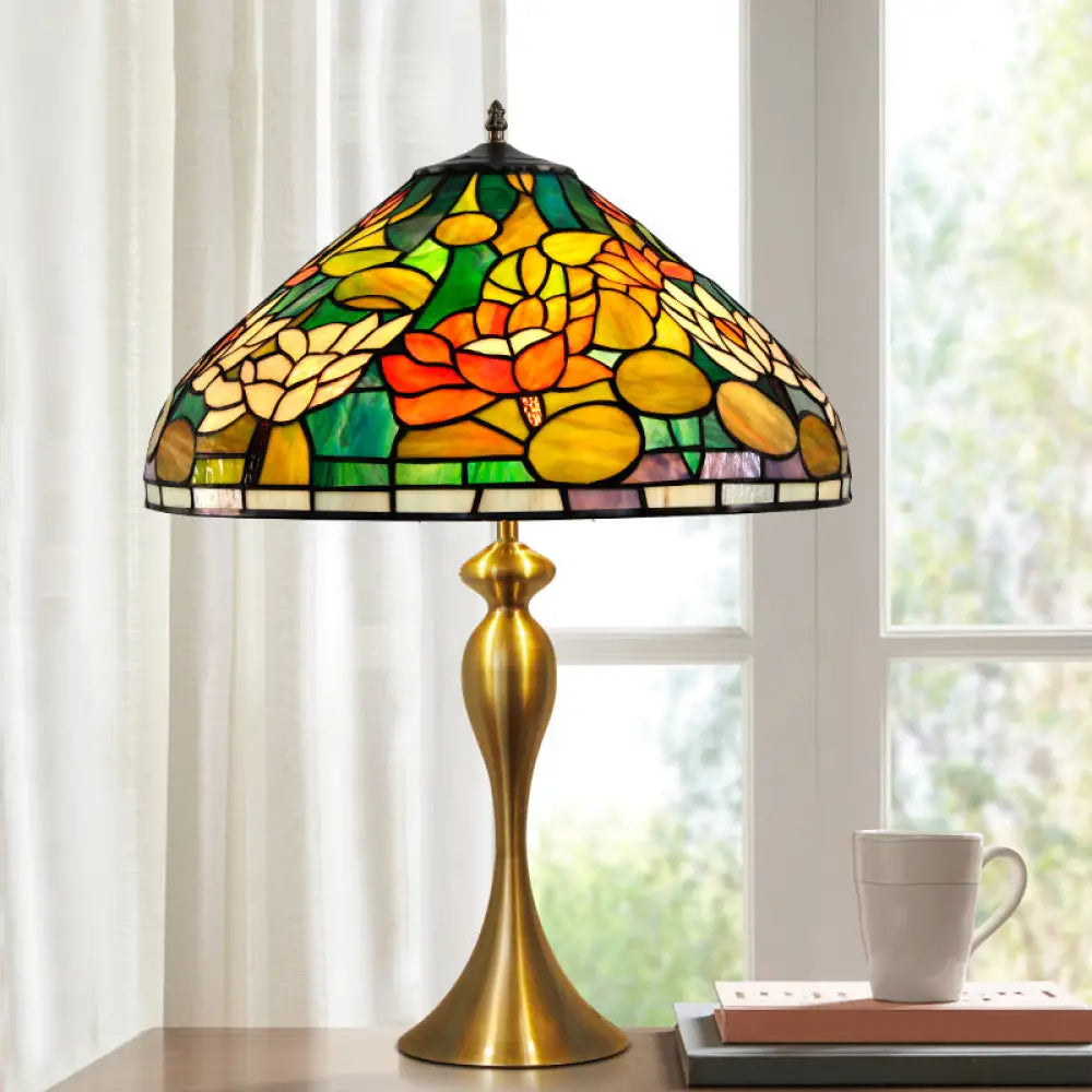 Emily - Vintage 1 Head Night Light Conical Multicolored Stained Glass Desk Lamp With Lotus Pattern