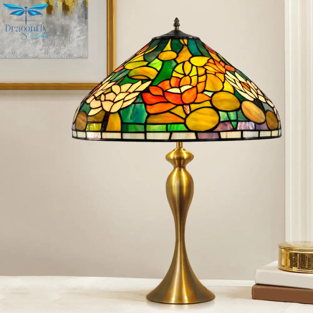 Emily - Vintage 1 Head Night Light Conical Multicolored Stained Glass Desk Lamp With Lotus Pattern