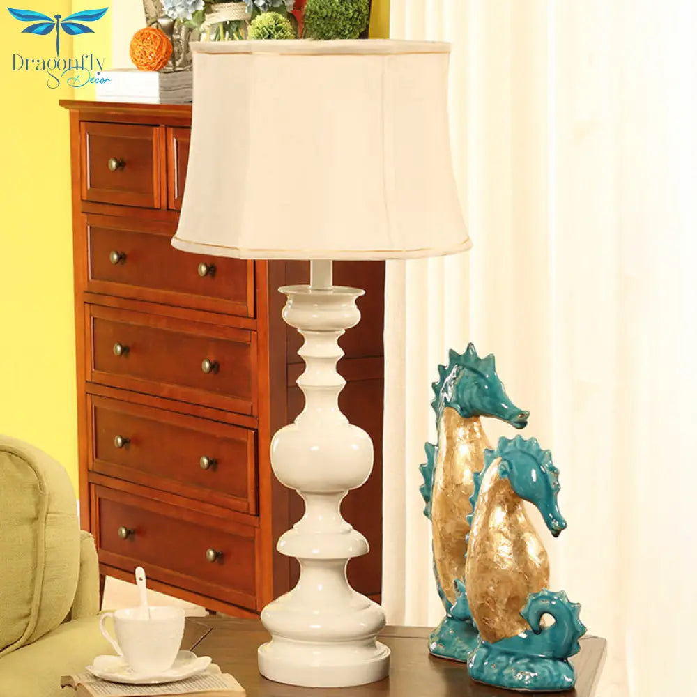 Erika - White Nightstand Lamp With Baluster Base: Traditional Style Drum Shade