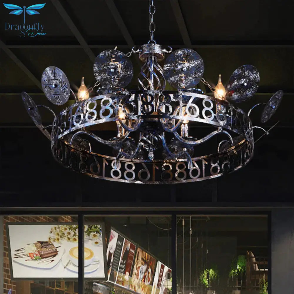 Etched Circular Coffee Shop Hanging Light Antique Wrought Iron 6 Heads Rust Chandelier Lamp With
