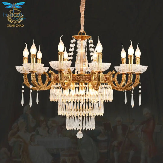 European Elegant Round Clear Crystal Lamp Luxury Foyer Vintage Brass Chandelier Pendant Lighting