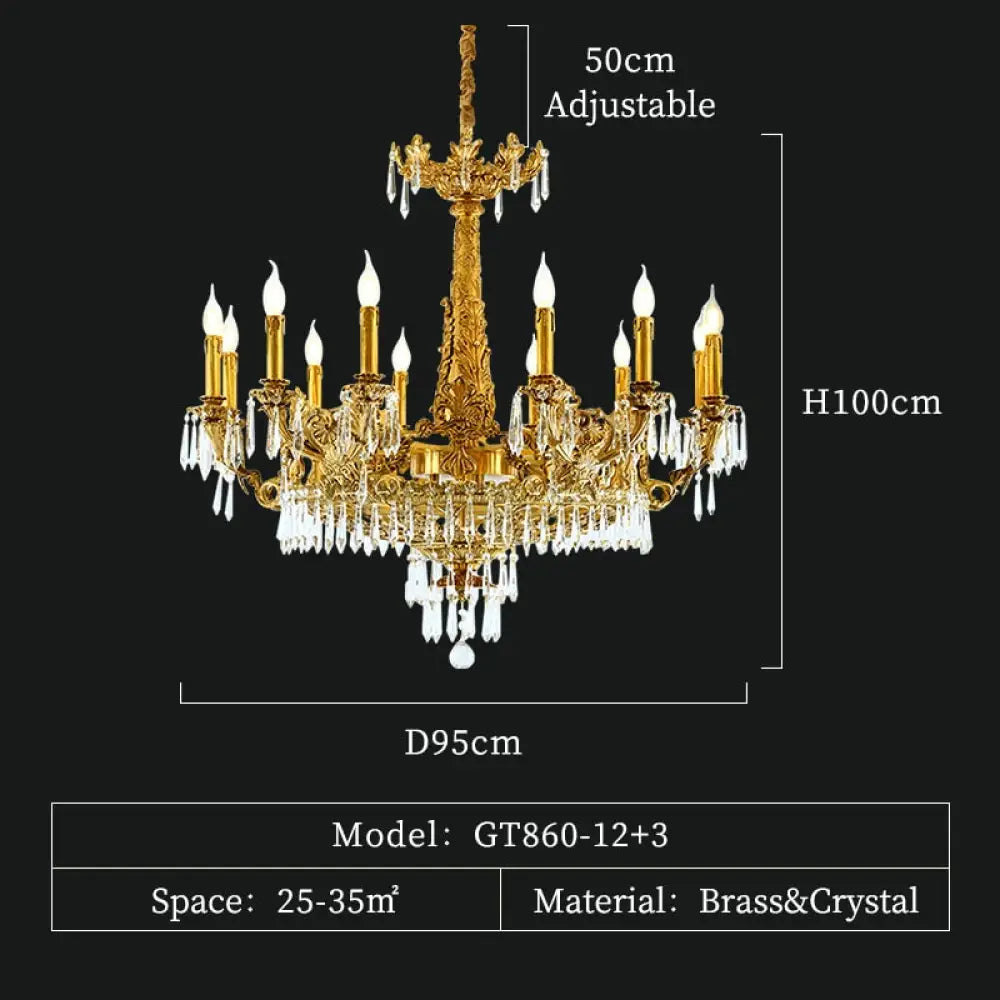 European Style Luxury Lighting Copper Crystal Chandelier Antique American Brass For Hall 15Lights