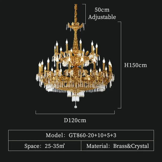 European Style Luxury Lighting Copper Crystal Chandelier Antique American Brass For Hall 38Lights