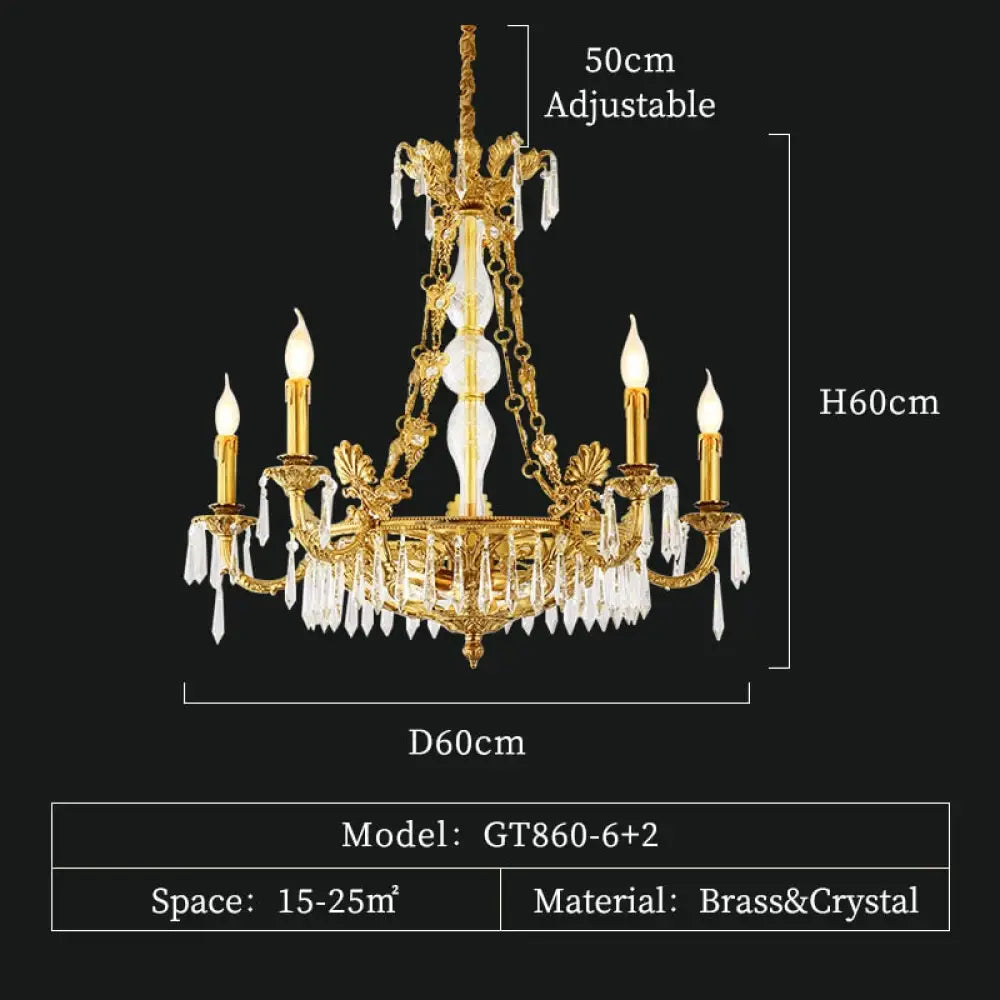 European Style Luxury Lighting Copper Crystal Chandelier Antique American Brass For Hall 8Lights