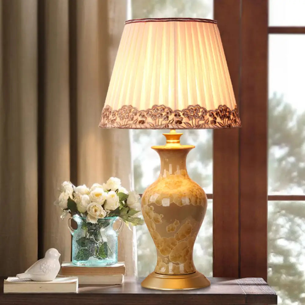 Eva - Beige Urn Night Light Rustic Ceramic 1 Head Living Room Table Lighting With Pleated Fabric