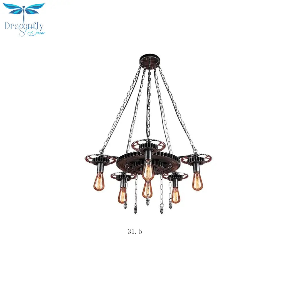 Exposed Bulb Metal Light Chandelier Industrial 6 Dining Room Pendant Lighting In Silver/Bronze With