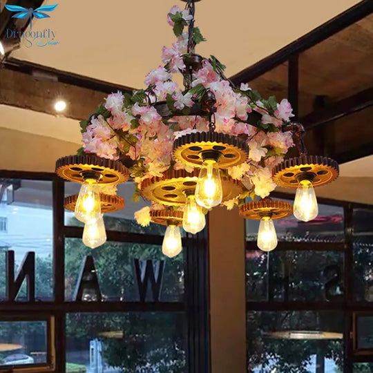 Fabienne - Pink Industrial Metal Bare Bulb Pendant Chandelier With Cherry Blossom