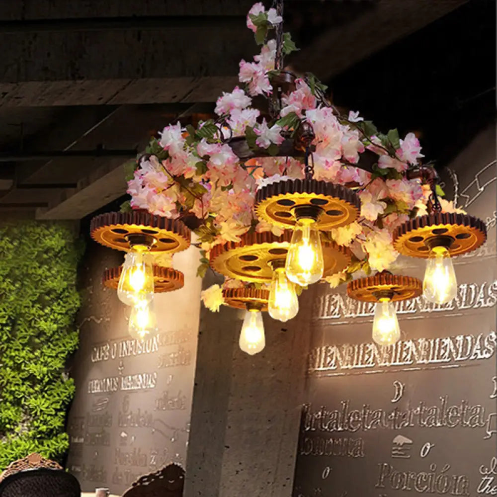 Fabienne - Pink Industrial Metal Bare Bulb Pendant Chandelier With Cherry Blossom