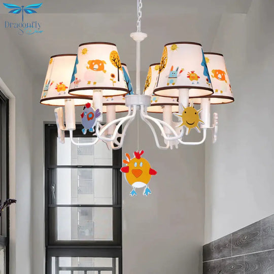 Fabric Tapered Shade Hanging Lights Cartoon Ceiling Lamp In White For Bedroom