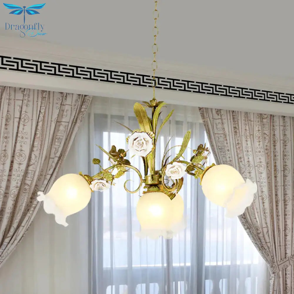 Floral Bedroom Chandelier Light Pastoral Metal 4/7 Heads Green Ceiling Lamp With Rose Decoration