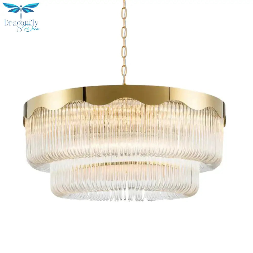 Fluted Crystal 2 Layers Hanging Pendant Light Postmodern 8 Heads Living Room Chandelier Lighting In