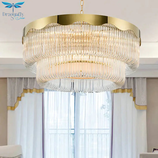 Fluted Crystal 2 Layers Hanging Pendant Light Postmodern 8 Heads Living Room Chandelier Lighting In