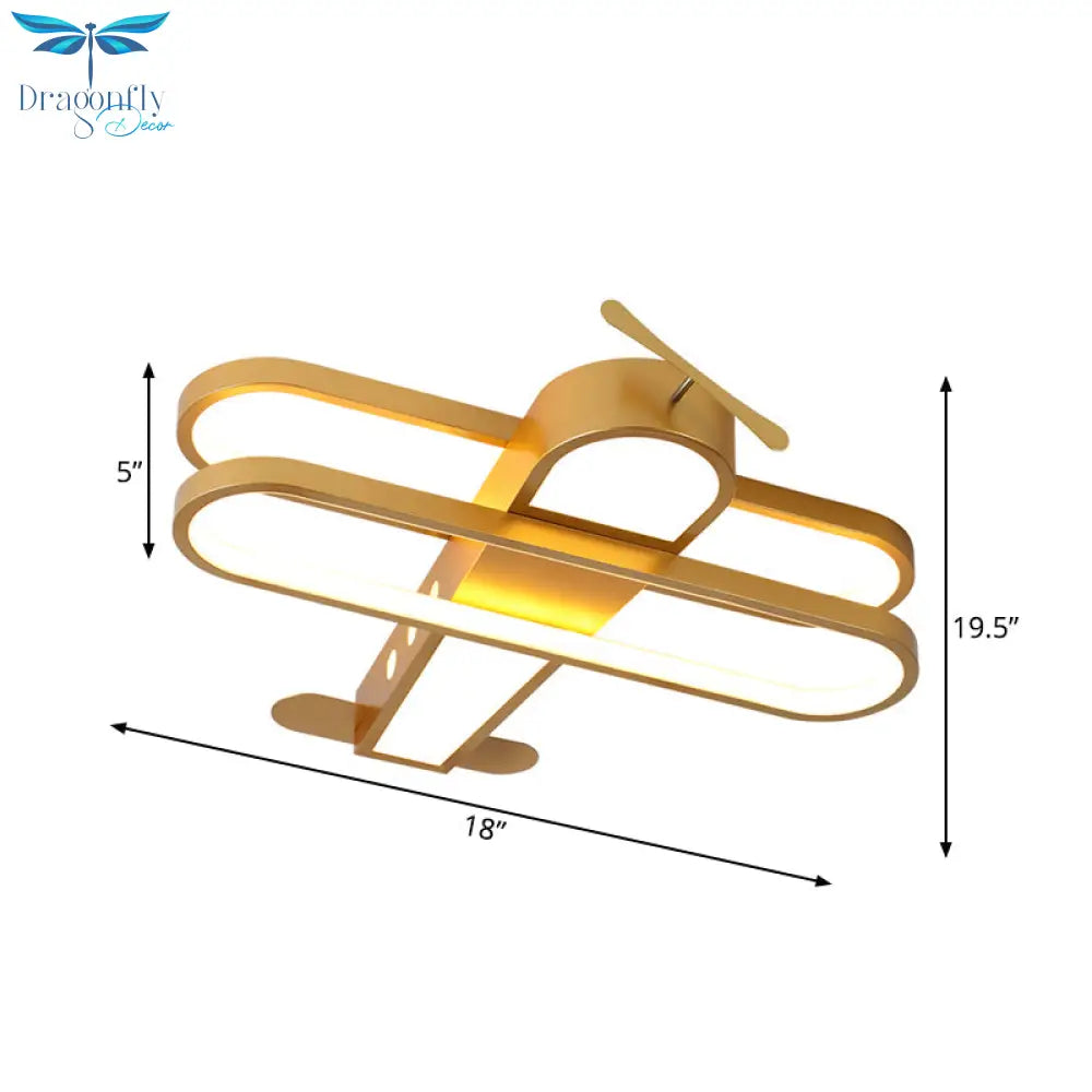 Fly High With The Helicopter: Gold Aluminum Led Flush Mount Light For Kids’ Bedroom Ceiling