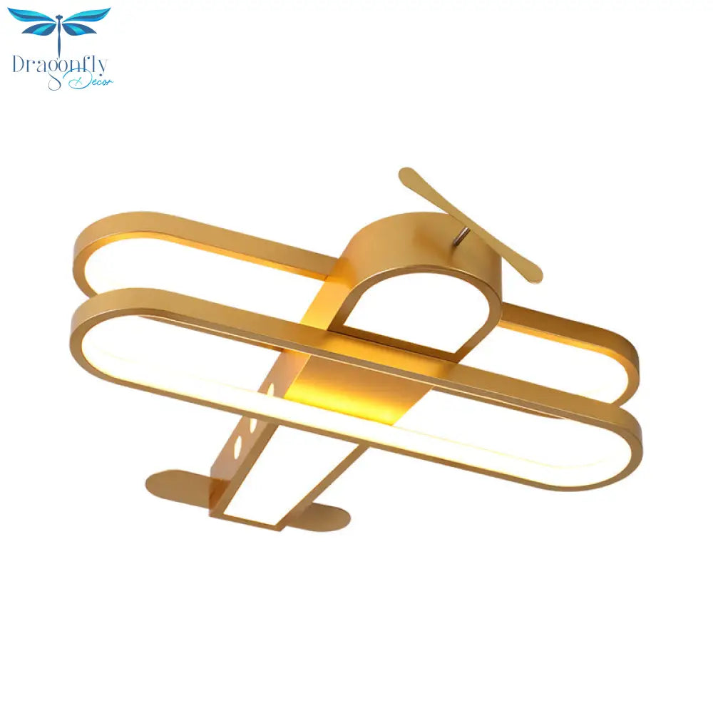 Fly High With The Helicopter: Gold Aluminum Led Flush Mount Light For Kids’ Bedroom Ceiling