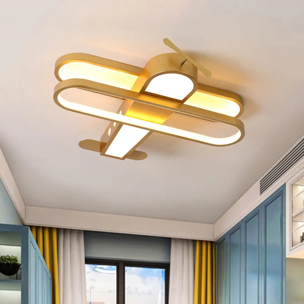 Fly High With The Helicopter: Gold Aluminum Led Flush Mount Light For Kids’ Bedroom / Warm Ceiling