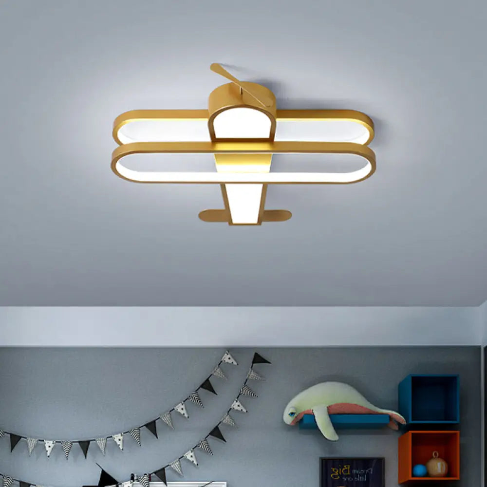 Fly High With The Helicopter: Gold Aluminum Led Flush Mount Light For Kids’ Bedroom / White Ceiling