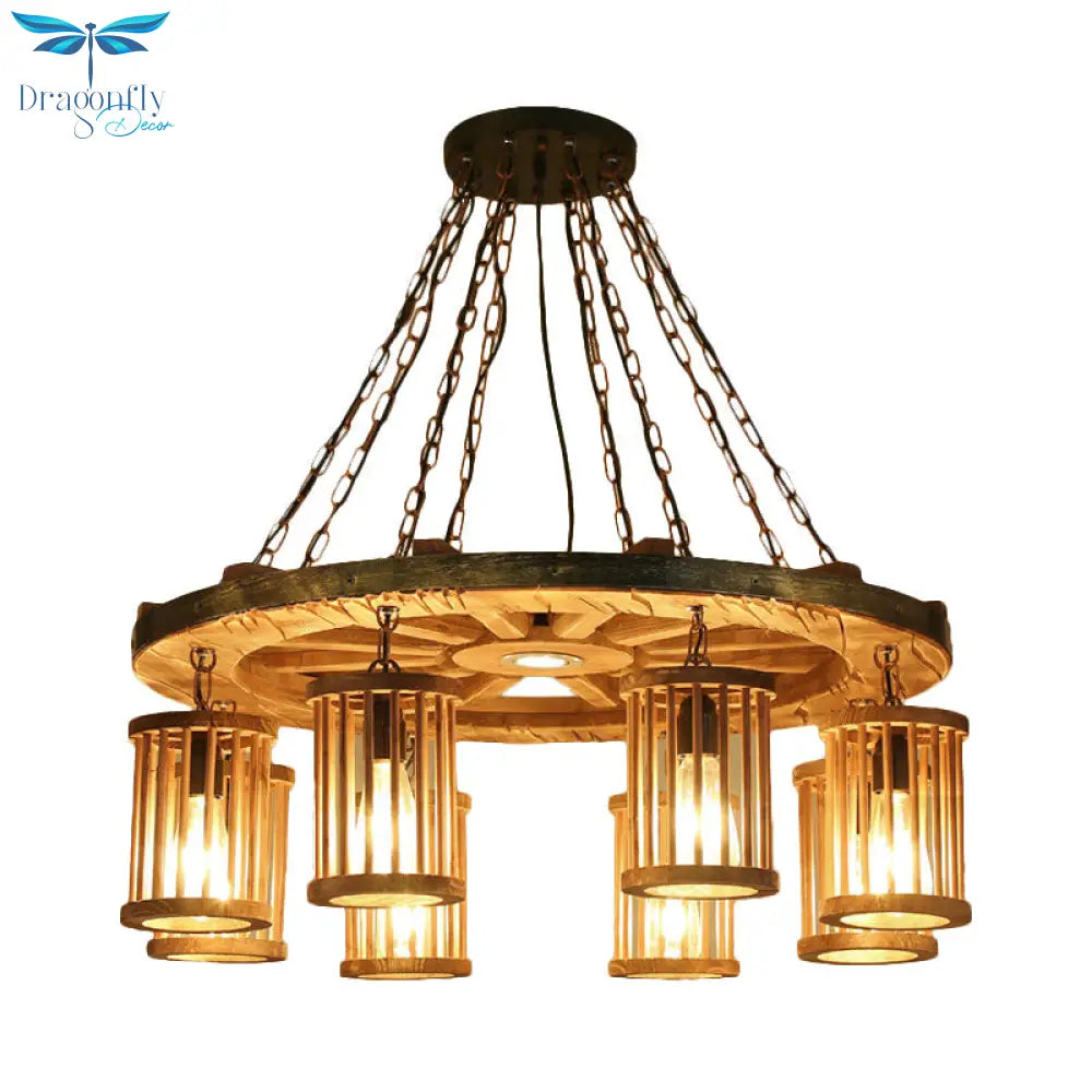 Franã§Oise - Retro Cylinder Chandelier Light Fixture 8 - Bulb Wood Ceiling Pendant With Wheel For