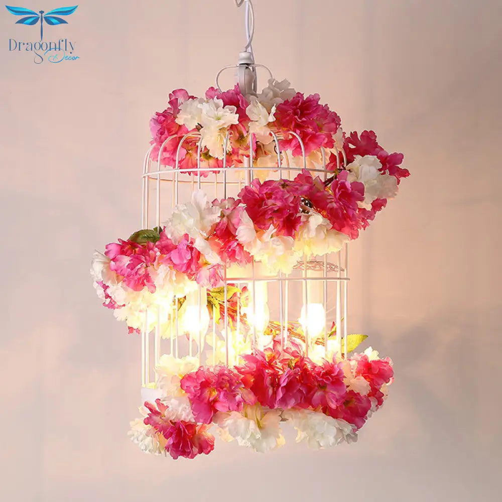 Francesca - Rose Antique Birdcage Ceiling Chandelier 3 Bulbs Metal Flower Drop Lamp In Red For