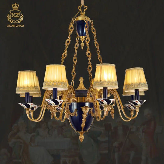 French Brass Living Room Fabric Lampshade Chandelier Hotel Villa Hall Luxury Metal Art 6Lights D80