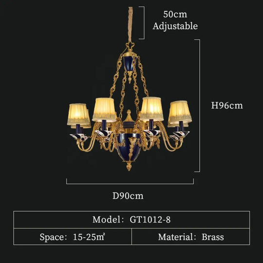 French Brass Living Room Fabric Lampshade Chandelier Hotel Villa Hall Luxury Metal Art 8Lights D90