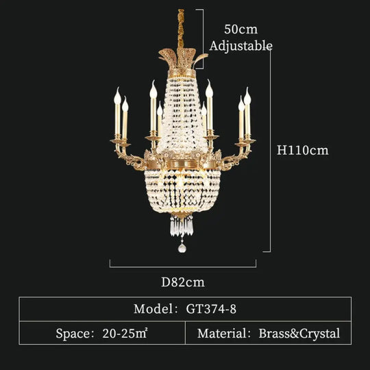 French Copper Chandelier European Home Decorative Living Room Hotel Luxury Crystal 8Lights D82