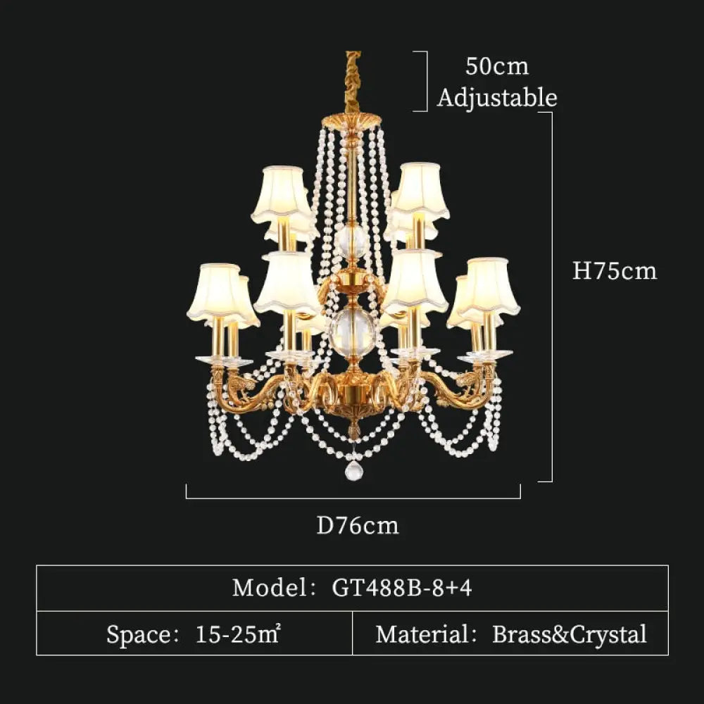 French Crystal Copper Chandelier Villa Duplex Lamp Luxury Dining Room B12Lights D76 H75Cm Chandelier