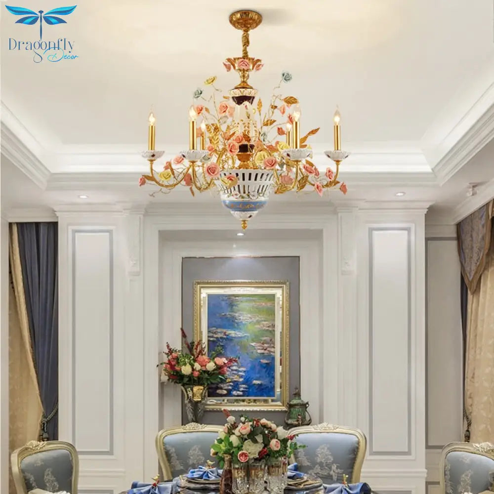 French Rose Ceramic White Chandelier Living Room Duplex Villa Classical Luxury Brass Decorative