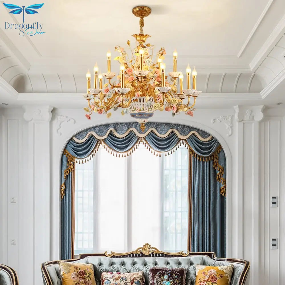 French Rose Ceramic White Chandelier Living Room Duplex Villa Classical Luxury Brass Decorative