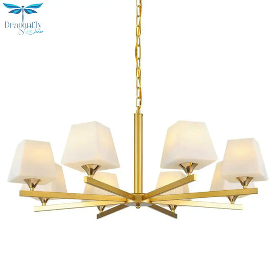 Frosted Glass Brass Pendant Lamp Tapered 8 Light Traditional Chandelier Fixture With Sunburst Design