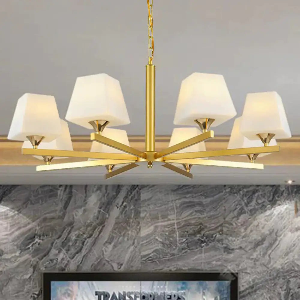 Frosted Glass Brass Pendant Lamp Tapered 8 Light Traditional Chandelier Fixture With Sunburst Design