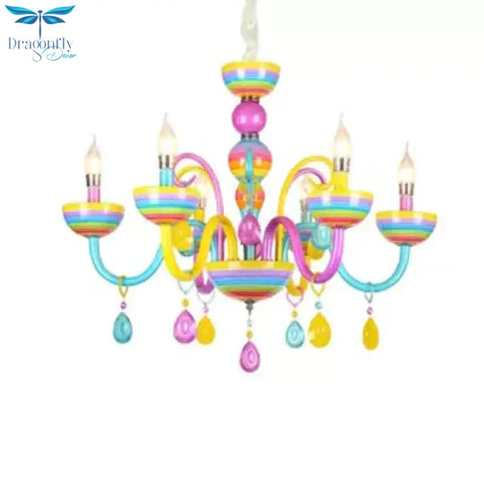 Glass Candle Pendant Light With Crystal Pretty Multi - Colored Chandelier For Kindergarten