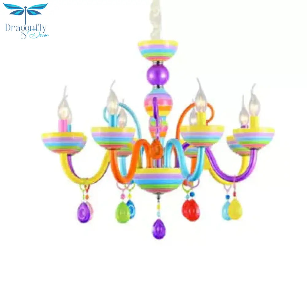 Glass Candle Pendant Light With Crystal Pretty Multi - Colored Chandelier For Kindergarten