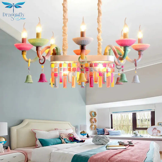 Glass Candle Suspension Light With Little Bell Kid Bedroom Kids Modern Colorful Chandelier White -