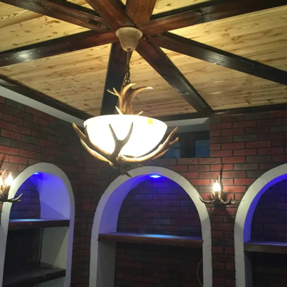 Glass Deer Antler Chandelier Lamp Farmhouse 3 - Head Indoor Pendant Ceiling Light In Brown