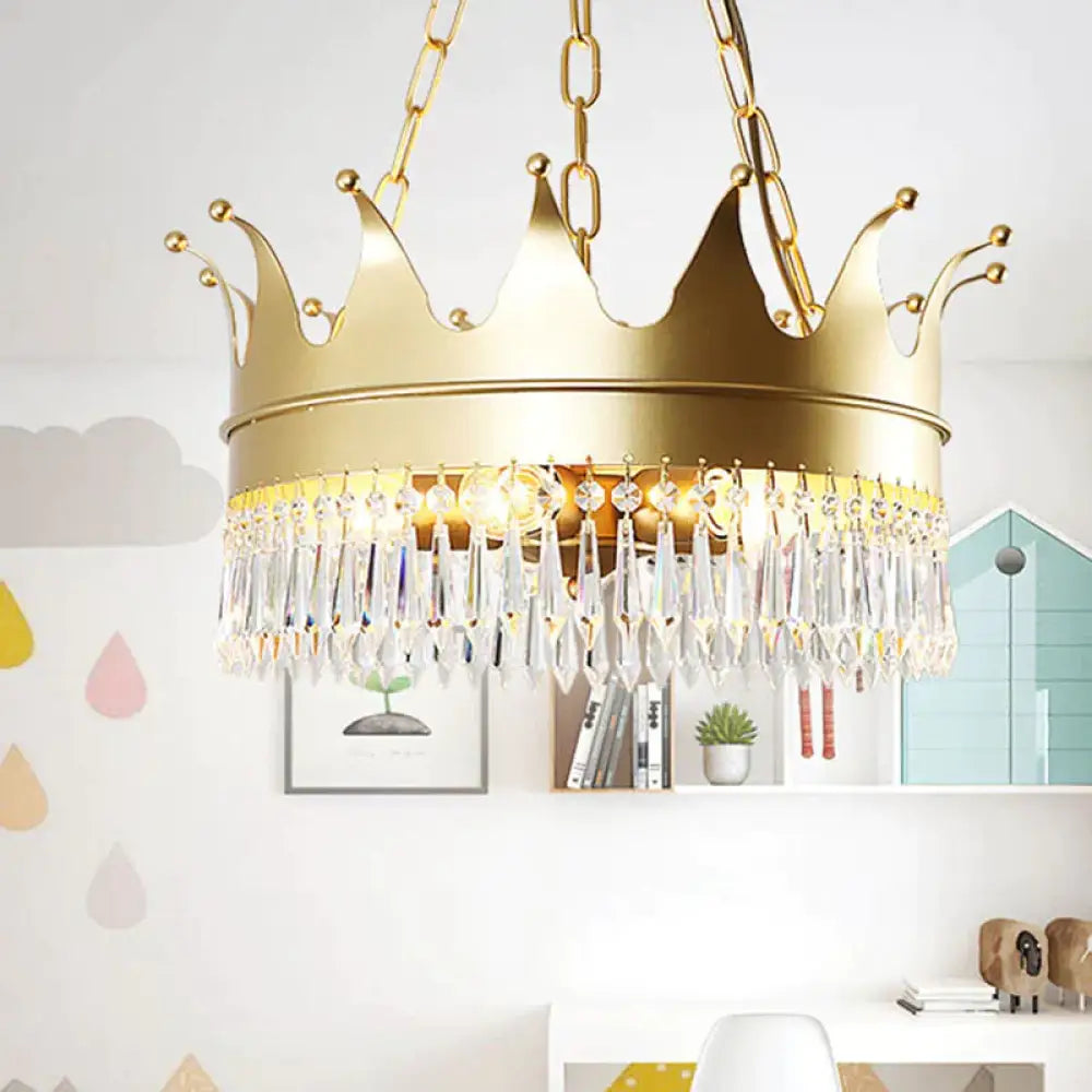 Gold 5 Heads Chandelier Lighting Traditionalism Faceted Crystal Crown Pendant Ceiling Light For