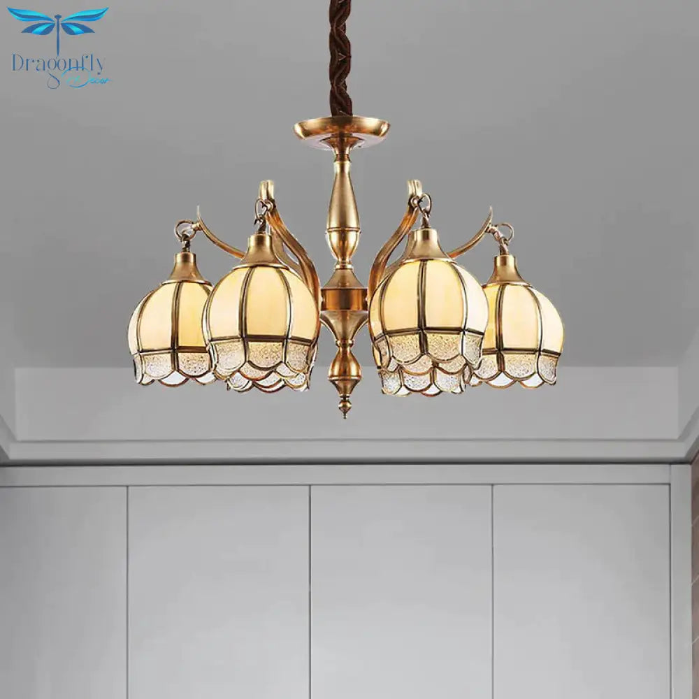 Gold 6 Lights Chandelier Lamp Colonialist Frosted Glass Flower Shape Down Lighting Pendant