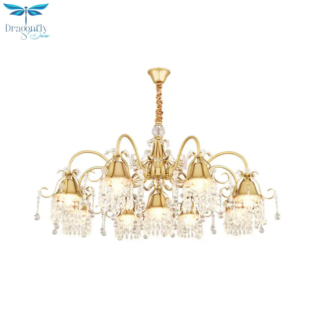 Gold Bell Chandelier Minimalist 7/9 Lights Crystal Beaded Strand Hanging Lamp Kit For Living Room