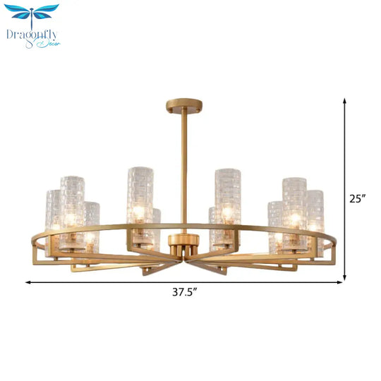Gold Cylinder Chandelier Lamp Traditional Clear Ribbed Glass 6/8/10 Lights Living Room Hanging