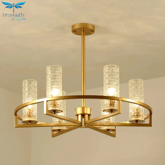Gold Cylinder Chandelier Lamp Traditional Clear Ribbed Glass 6/8/10 Lights Living Room Hanging