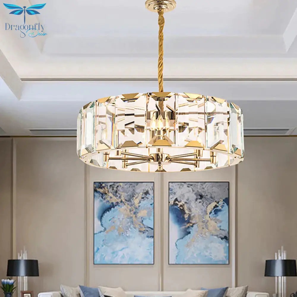 Gold Drum Ceiling Lamp Postmodern Faceted Crystal Panel 6 Heads Living Room Chandelier Lighting