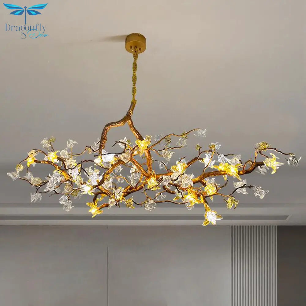 Gold Flower Chandelier - Luxury Copper Lamp With Art Glass Modern Led Lighting For Dining Living