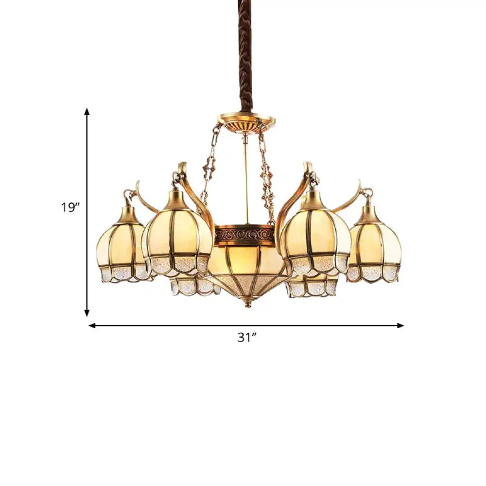Gold Flower Shaped Chandelier Lighting Colonial Frosted Glass 9 Lights Living Room Hanging Pendant