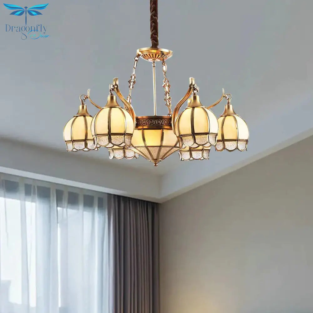Gold Flower Shaped Chandelier Lighting Colonial Frosted Glass 9 Lights Living Room Hanging Pendant