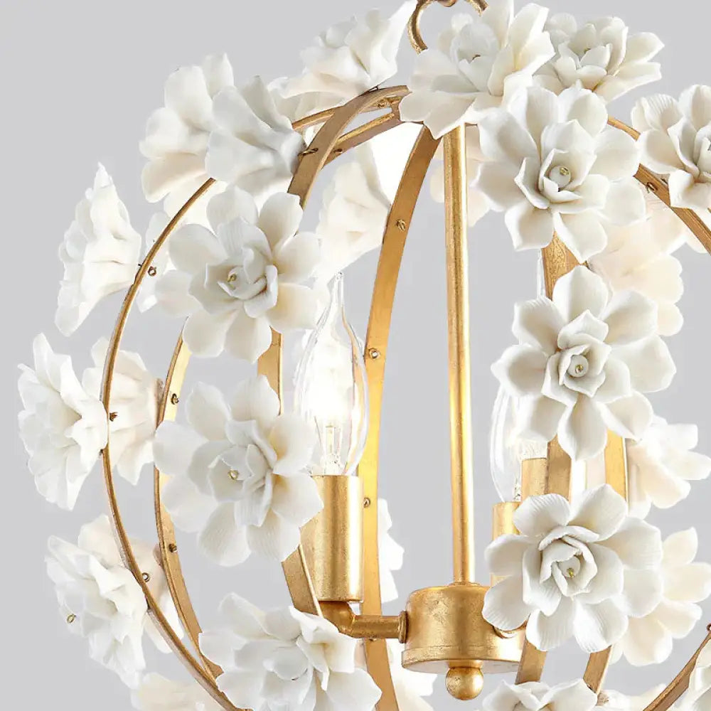 Gold Globe Ceiling Chandelier Modernism Metal 3 Heads Hanging Light Fixture With White Flowers