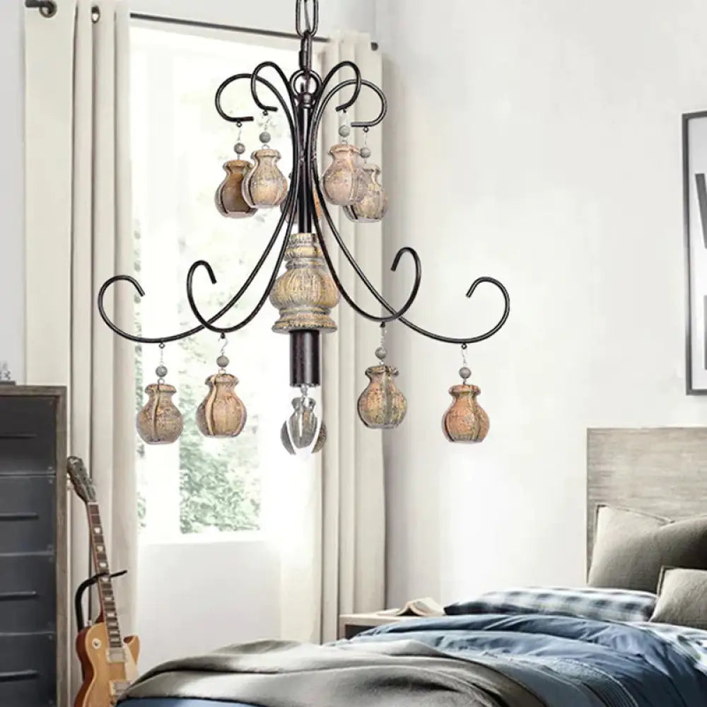 Gourd Bedroom Hanging Lamp Traditional Wood Single Bulb Black Chandelier Pendant Light