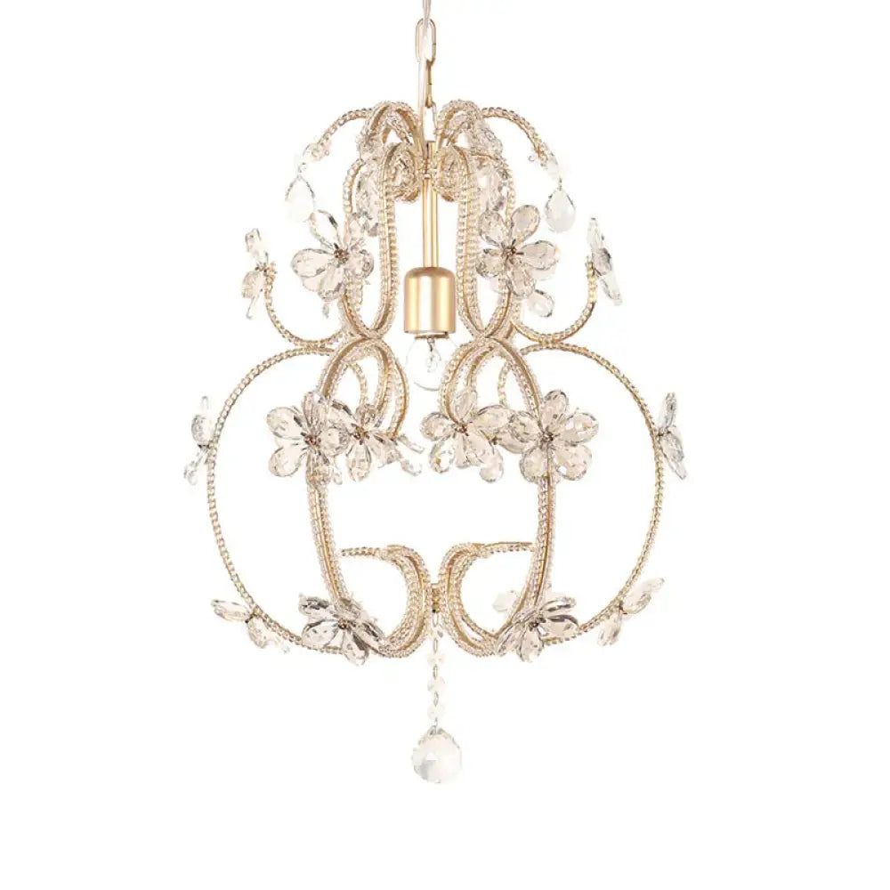 Gourd Cage Chandelier Lighting With Crystal Bead Vintage 1 Light Ceiling Pendant In Gold