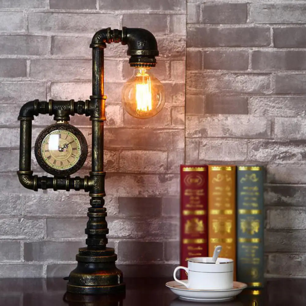 Grace - Retro Plumbing Pipe Night Light 1 Head Iron Table Lighting With Clock In Bronze For Bedroom