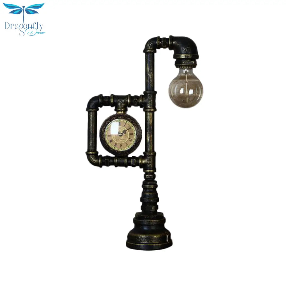 Grace - Retro Plumbing Pipe Night Light 1 Head Iron Table Lighting With Clock In Bronze For Bedroom